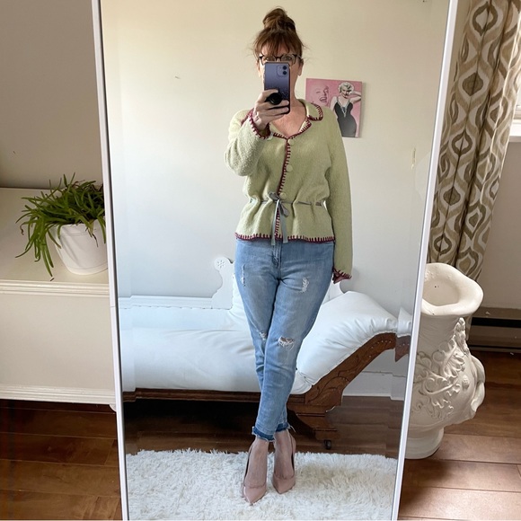 J. JILL GREEN WOOL MOHAIR BLEND SWEATER EMBROIDERED FLOWERS TIE BELT BUTTONS - Picture 3 of 10